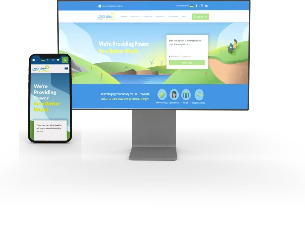Mockup display of a desktop monitor and mobile device displaying https://www.clearviewenergy.com/
